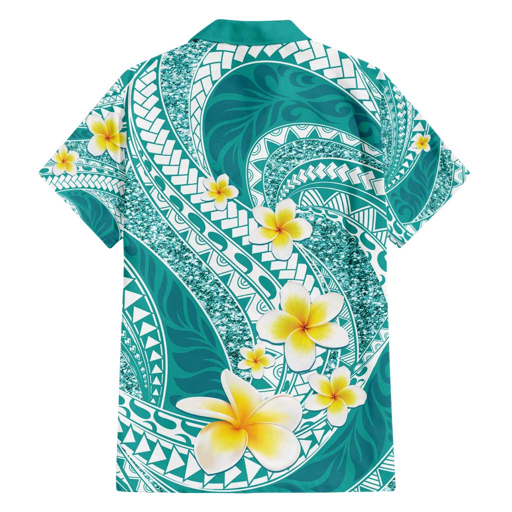 Plumeria Polynesian Teal Glitter Pattern Family Matching Off Shoulder Maxi Dress and Hawaiian Shirt