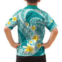 Plumeria Polynesian Teal Glitter Pattern Family Matching Puletasi and Hawaiian Shirt