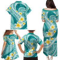 Plumeria Polynesian Teal Glitter Pattern Family Matching Puletasi and Hawaiian Shirt