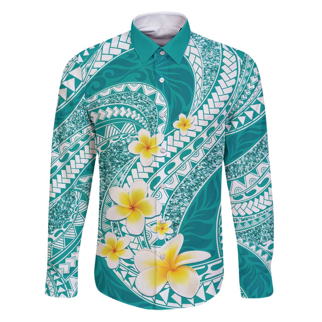 Plumeria Polynesian Teal Glitter Pattern Family Matching Puletasi and Hawaiian Shirt