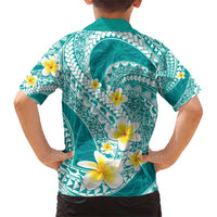 Plumeria Polynesian Teal Glitter Pattern Family Matching Short Sleeve Bodycon Dress and Hawaiian Shirt