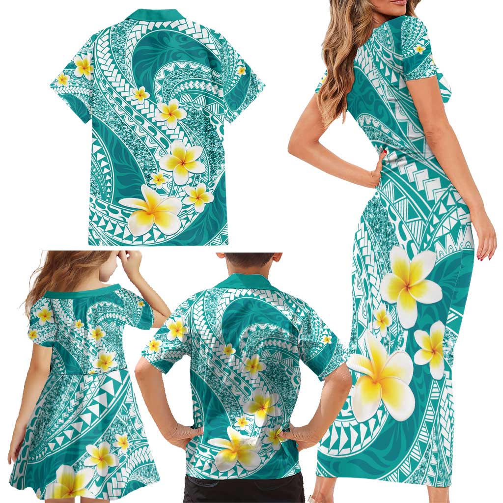 Plumeria Polynesian Teal Glitter Pattern Family Matching Short Sleeve Bodycon Dress and Hawaiian Shirt