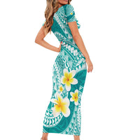 Plumeria Polynesian Teal Glitter Pattern Family Matching Short Sleeve Bodycon Dress and Hawaiian Shirt