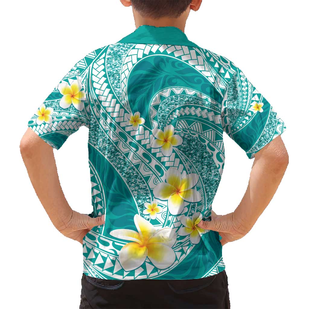 Plumeria Polynesian Teal Glitter Pattern Family Matching Tank Maxi Dress and Hawaiian Shirt