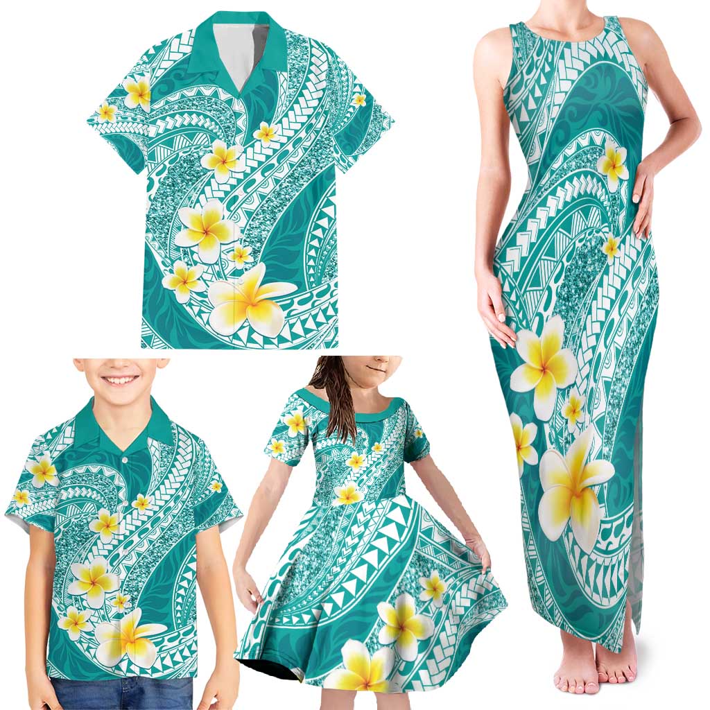 Plumeria Polynesian Teal Glitter Pattern Family Matching Tank Maxi Dress and Hawaiian Shirt
