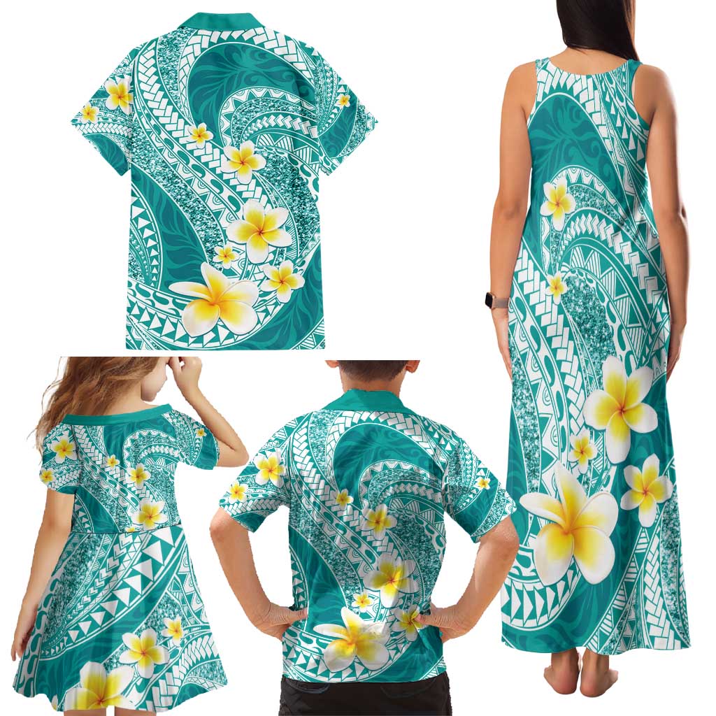 Plumeria Polynesian Teal Glitter Pattern Family Matching Tank Maxi Dress and Hawaiian Shirt