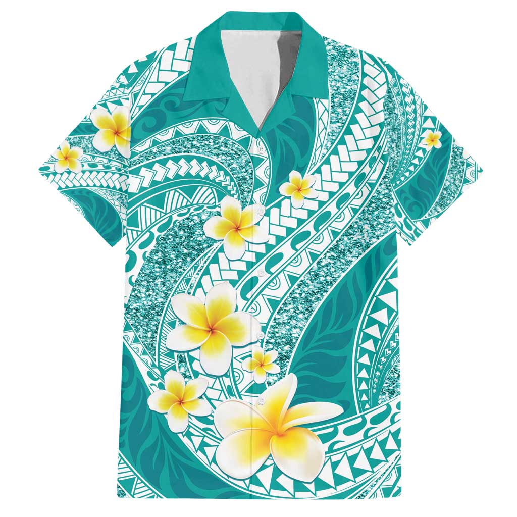 Plumeria Polynesian Teal Glitter Pattern Family Matching Tank Maxi Dress and Hawaiian Shirt