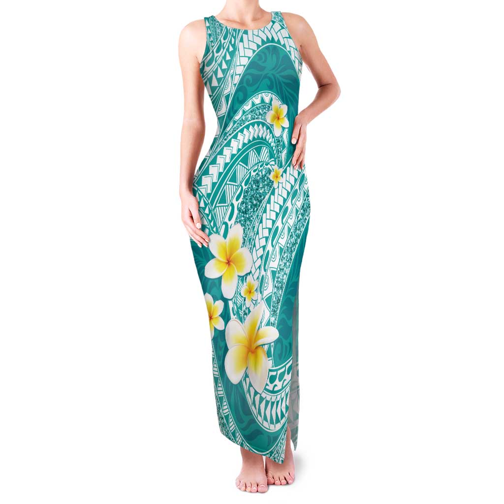 Plumeria Polynesian Teal Glitter Pattern Family Matching Tank Maxi Dress and Hawaiian Shirt