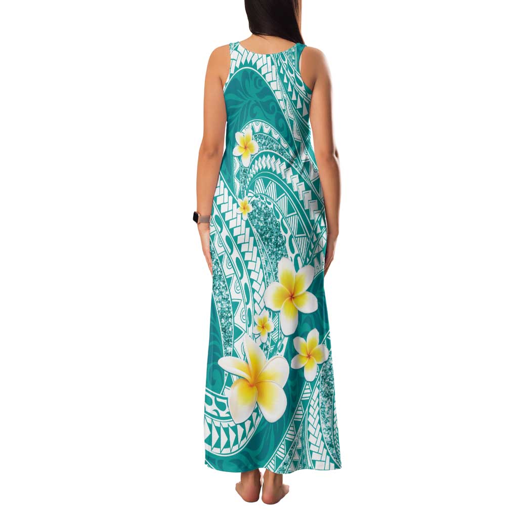 Plumeria Polynesian Teal Glitter Pattern Family Matching Tank Maxi Dress and Hawaiian Shirt