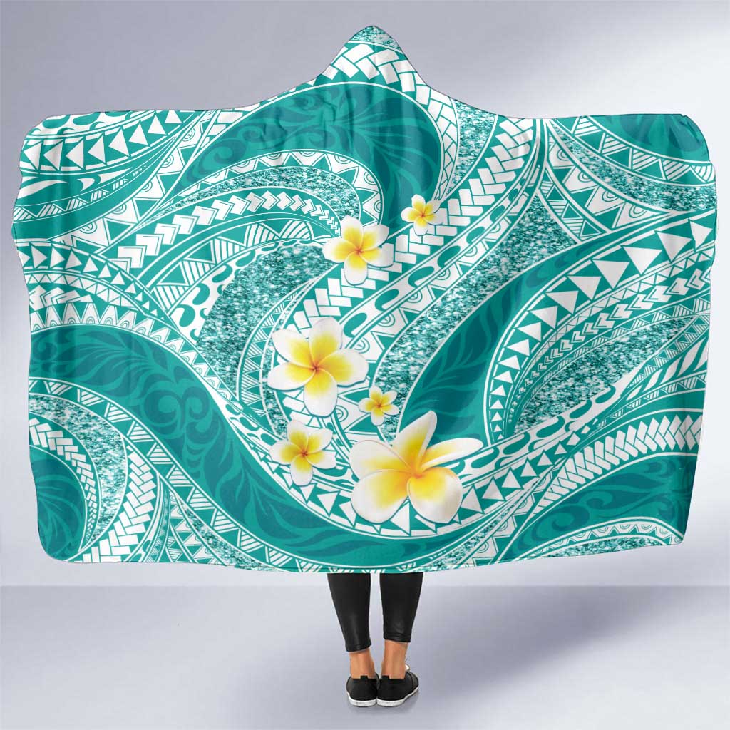 Plumeria Polynesian Teal Glitter Pattern Hooded Blanket LT01 One Size Teal - Polynesian Pride