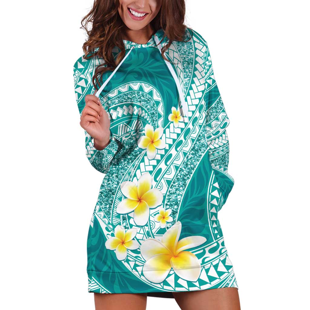 Plumeria Polynesian Teal Glitter Pattern Hoodie Dress