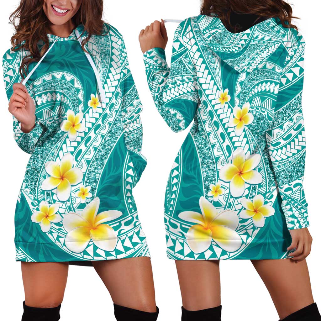 Plumeria Polynesian Teal Glitter Pattern Hoodie Dress