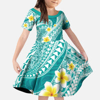 Plumeria Polynesian Teal Glitter Pattern Kid Short Sleeve Dress