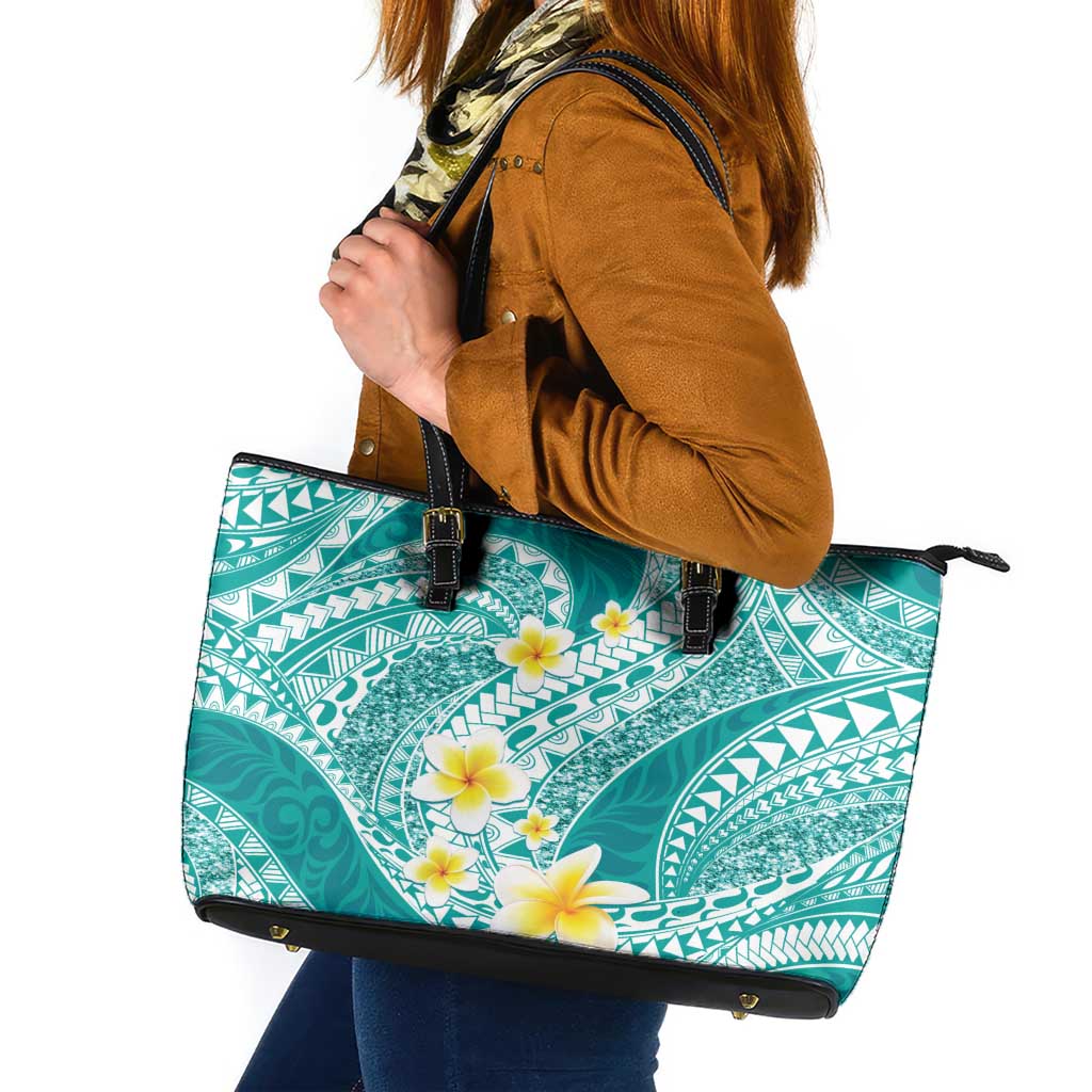 Plumeria Polynesian Teal Glitter Pattern Leather Tote Bag