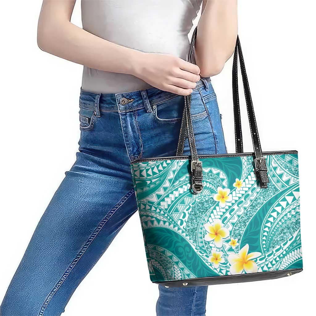 Plumeria Polynesian Teal Glitter Pattern Leather Tote Bag