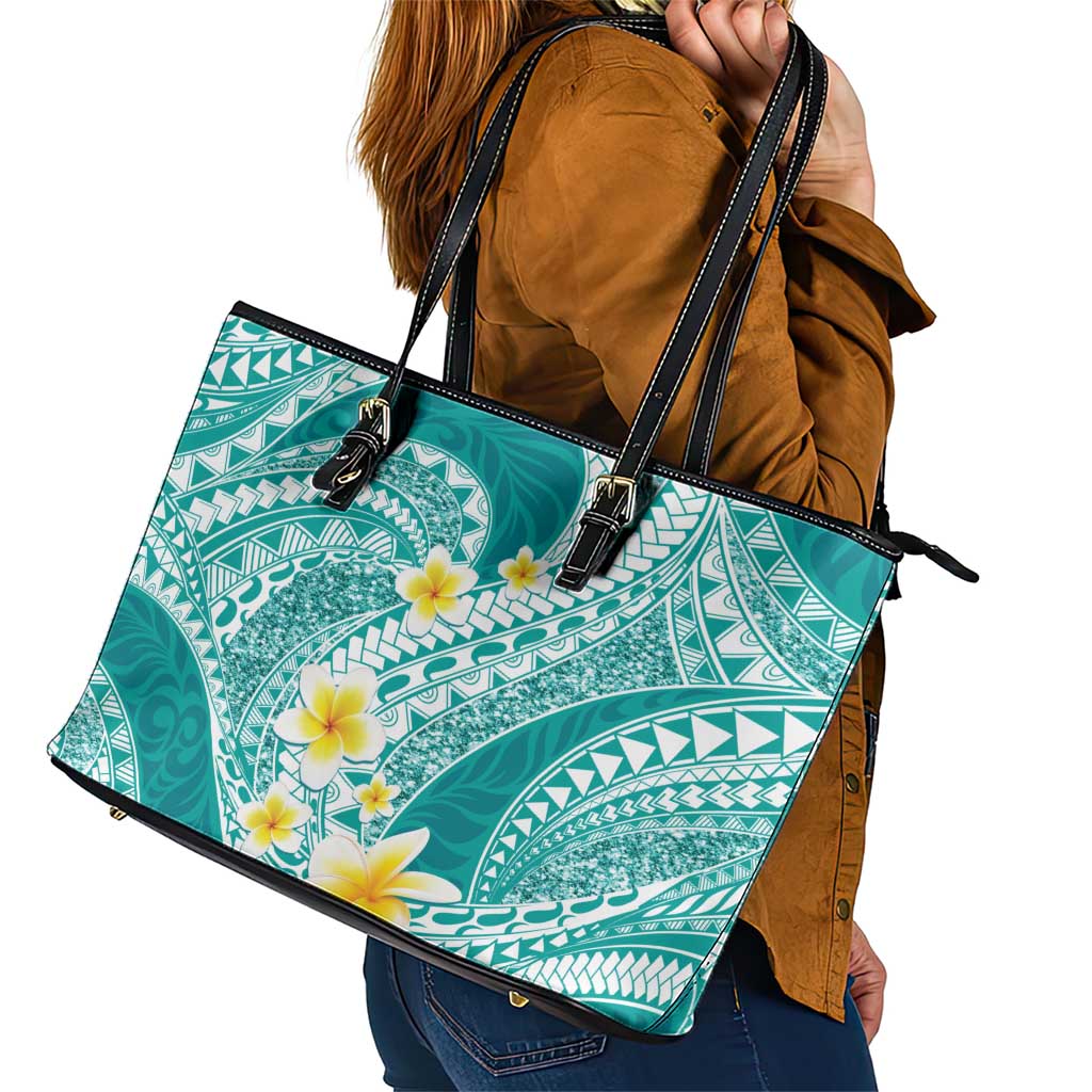 Plumeria Polynesian Teal Glitter Pattern Leather Tote Bag
