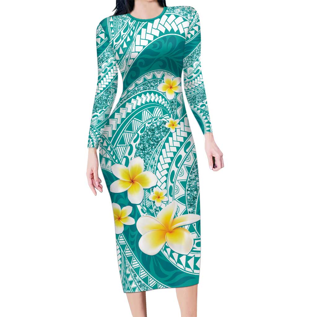 Plumeria Polynesian Teal Glitter Pattern Long Sleeve Bodycon Dress
