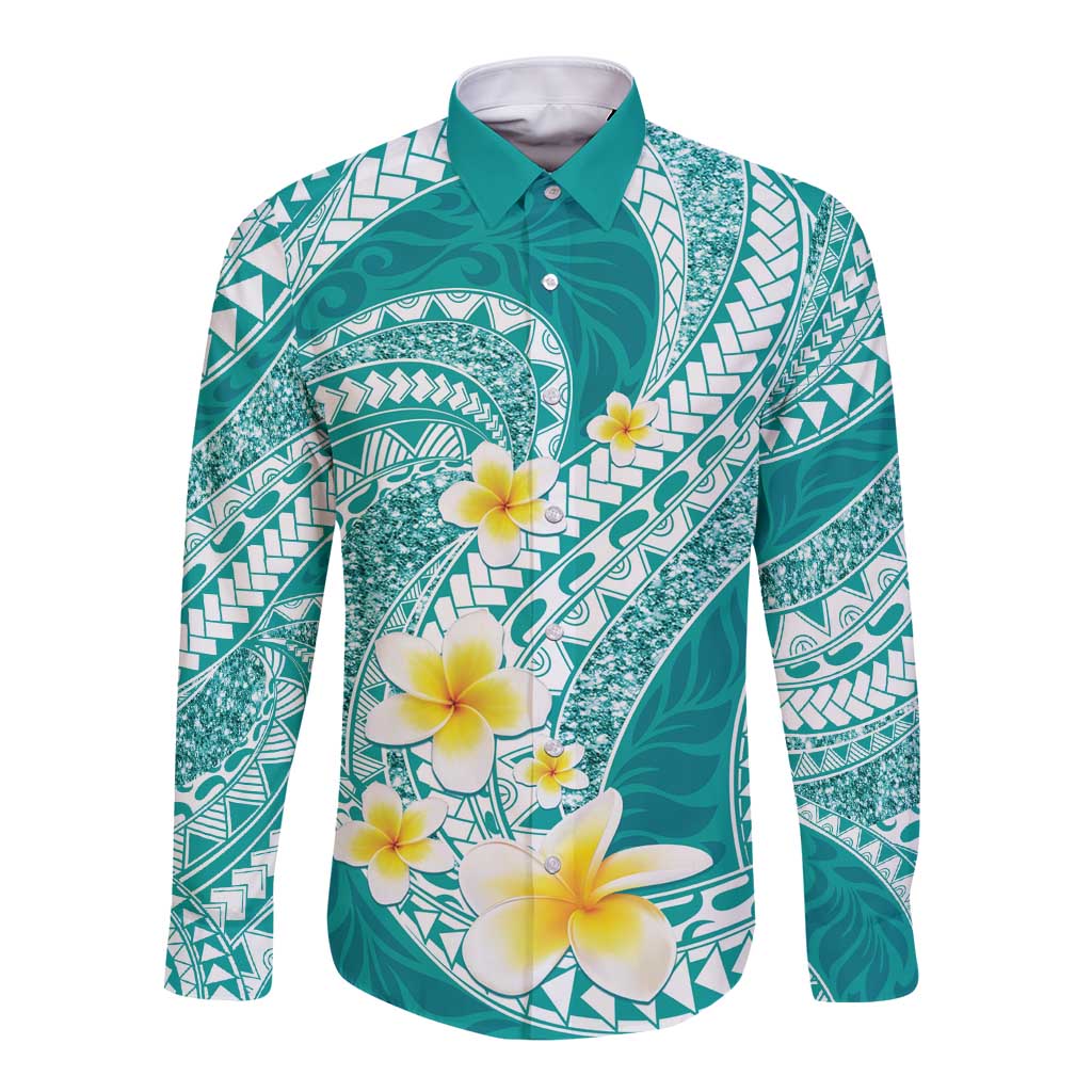 Plumeria Polynesian Teal Glitter Pattern Long Sleeve Button Shirt LT01 Unisex Teal - Polynesian Pride