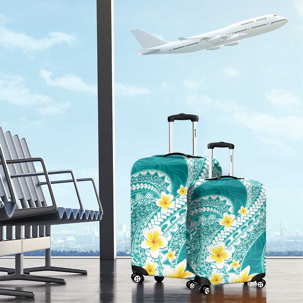 Plumeria Polynesian Teal Glitter Pattern Luggage Cover