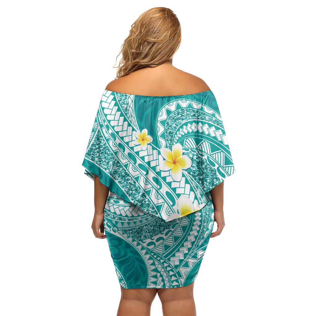 Plumeria Polynesian Teal Glitter Pattern Off Shoulder Short Dress