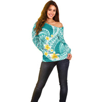Plumeria Polynesian Teal Glitter Pattern Off Shoulder Sweater