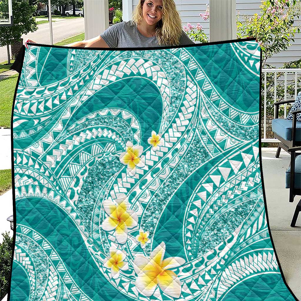 Plumeria Polynesian Teal Glitter Pattern Quilt LT01 Teal - Polynesian Pride