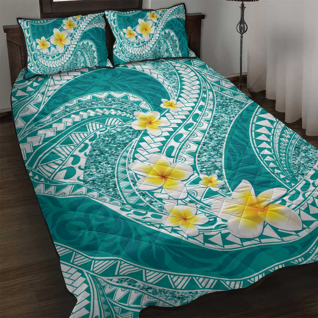 Plumeria Polynesian Teal Glitter Pattern Quilt Bed Set