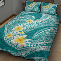 Plumeria Polynesian Teal Glitter Pattern Quilt Bed Set