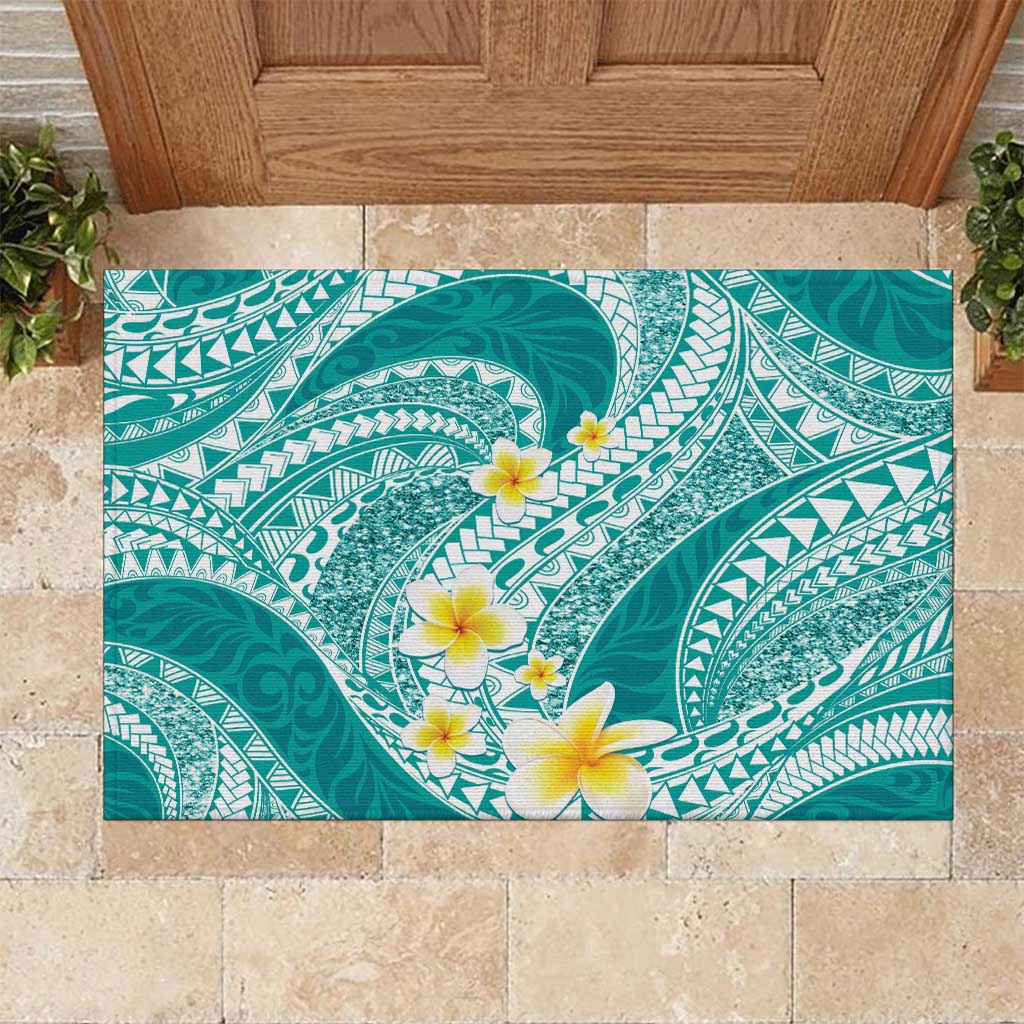 Plumeria Polynesian Teal Glitter Pattern Rubber Doormat LT01 Teal - Polynesian Pride
