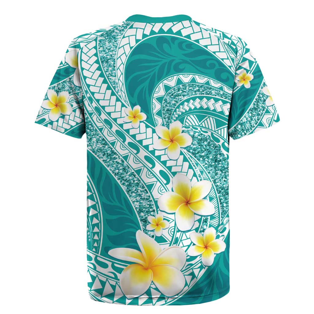 Plumeria Polynesian Teal Glitter Pattern Rugby Jersey