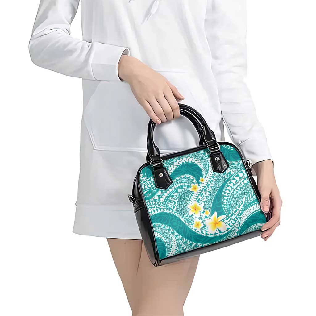 Plumeria Polynesian Teal Glitter Pattern Shoulder Handbag