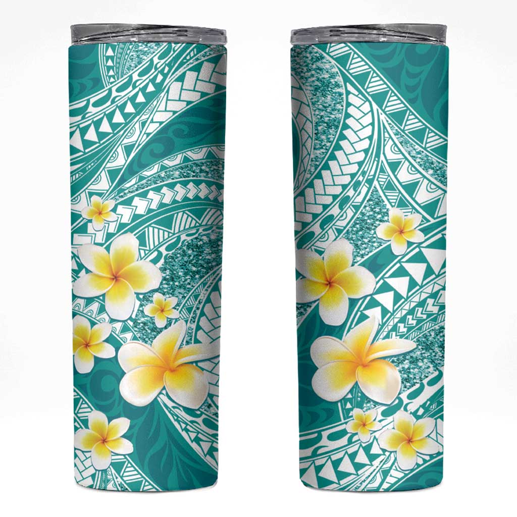 Plumeria Polynesian Teal Glitter Pattern Skinny Tumbler