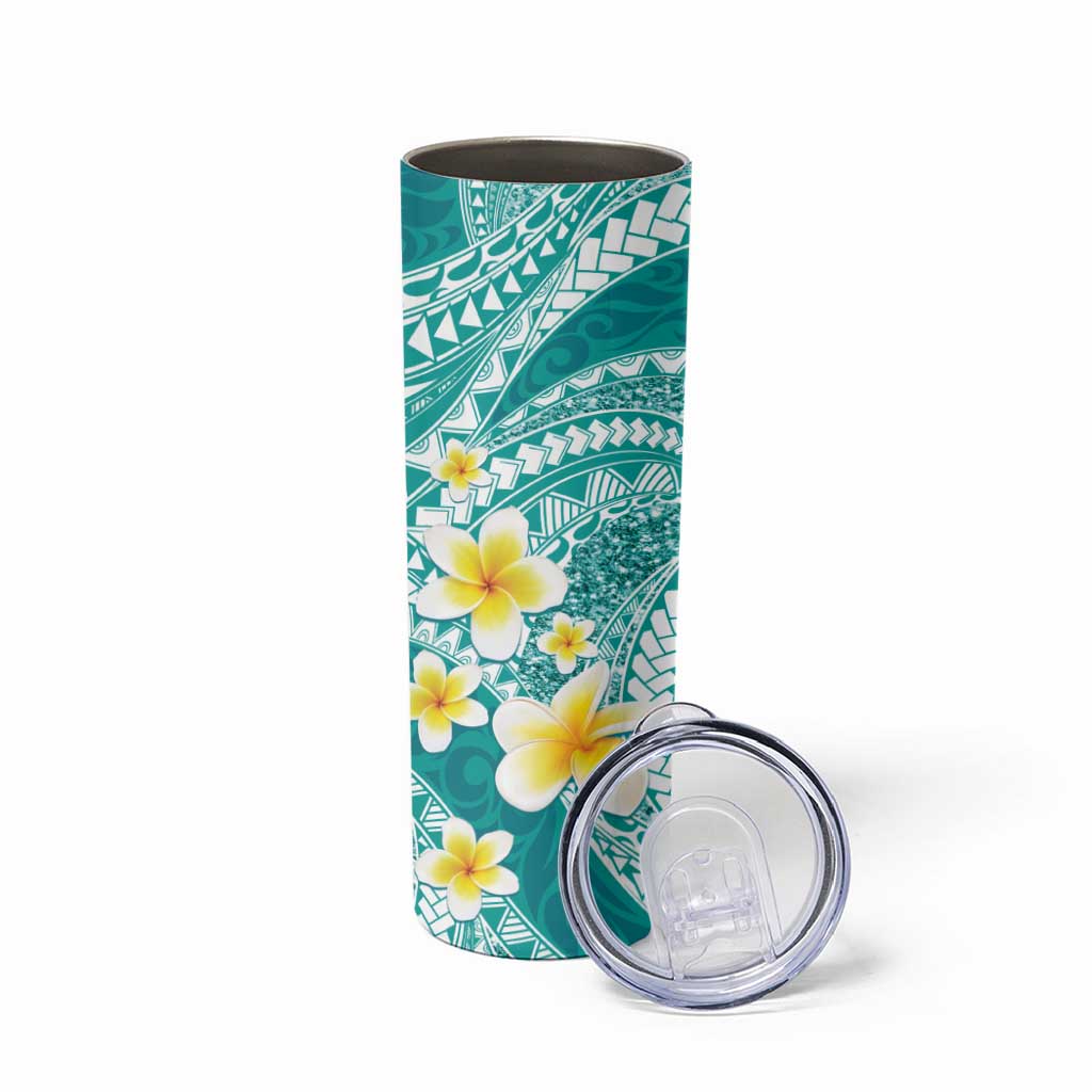 Plumeria Polynesian Teal Glitter Pattern Skinny Tumbler