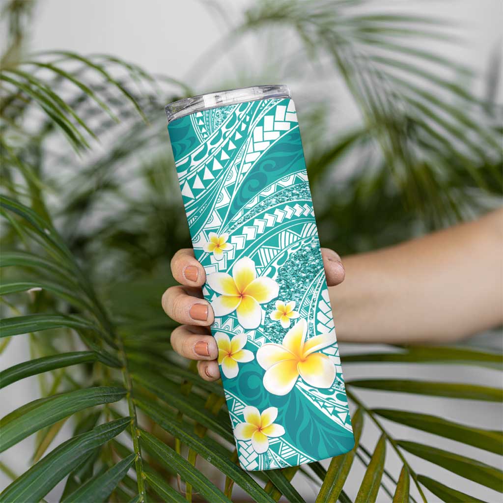 Plumeria Polynesian Teal Glitter Pattern Skinny Tumbler