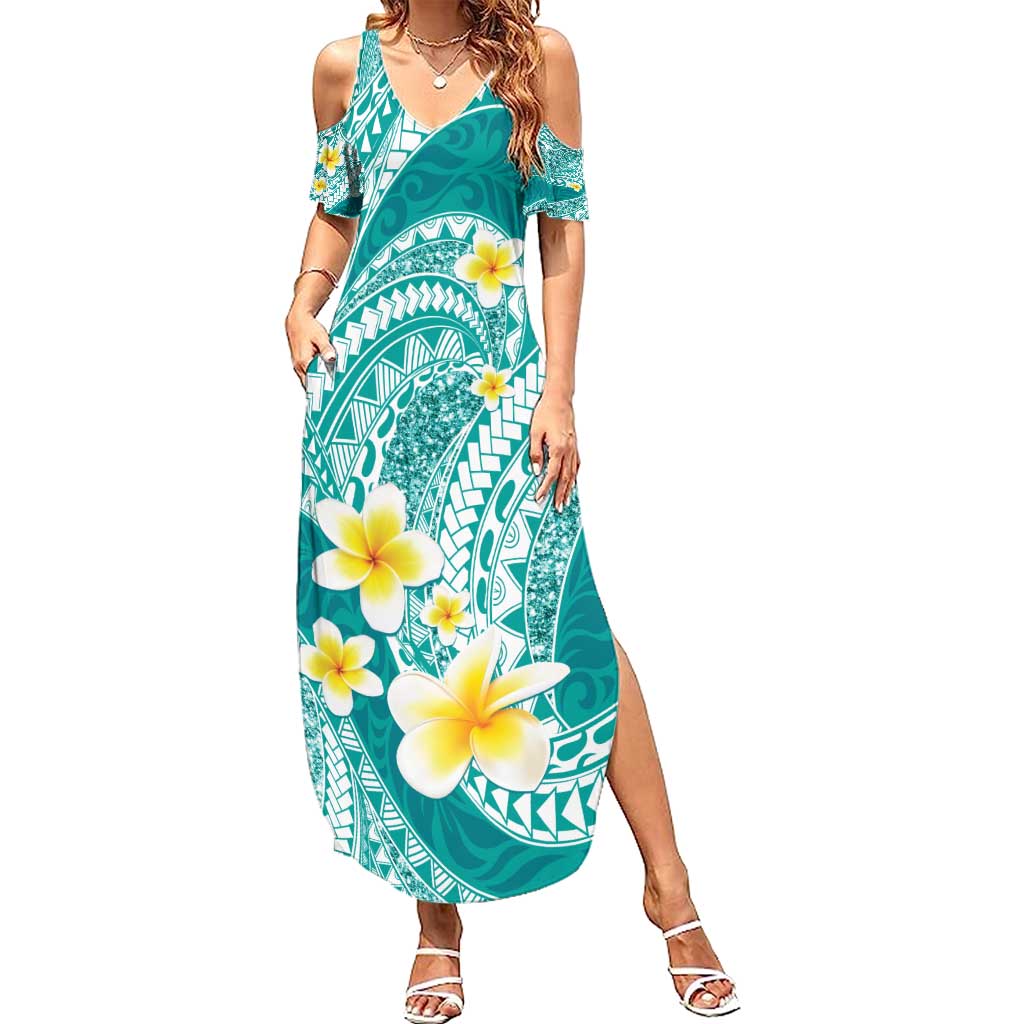 Plumeria Polynesian Teal Glitter Pattern Summer Maxi Dress