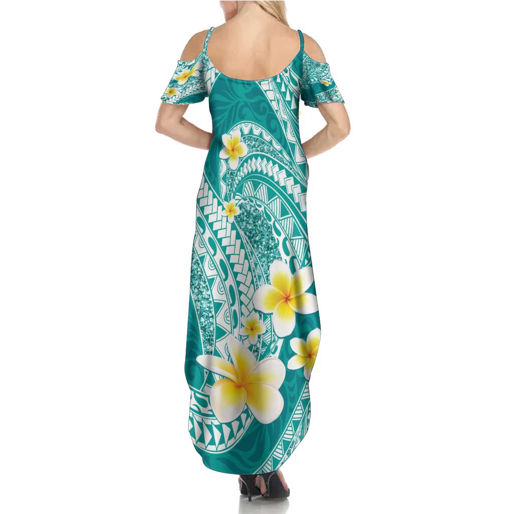 Plumeria Polynesian Teal Glitter Pattern Summer Maxi Dress