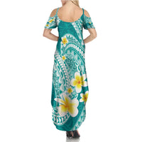 Plumeria Polynesian Teal Glitter Pattern Summer Maxi Dress