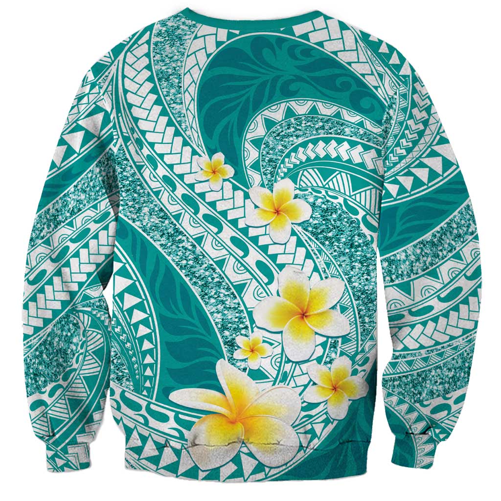 Plumeria Polynesian Teal Glitter Pattern Sweatshirt