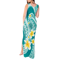 Plumeria Polynesian Teal Glitter Pattern Tank Maxi Dress