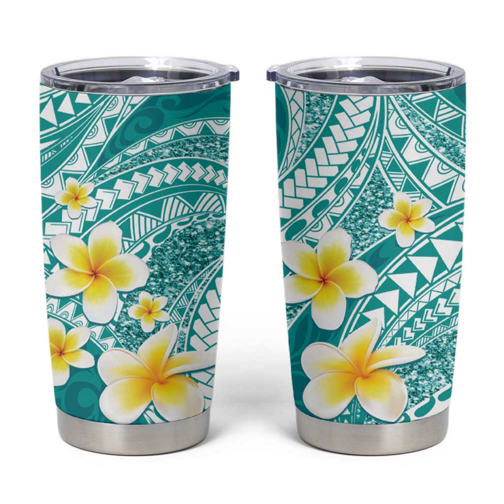 Plumeria Polynesian Teal Glitter Pattern Tumbler Cup