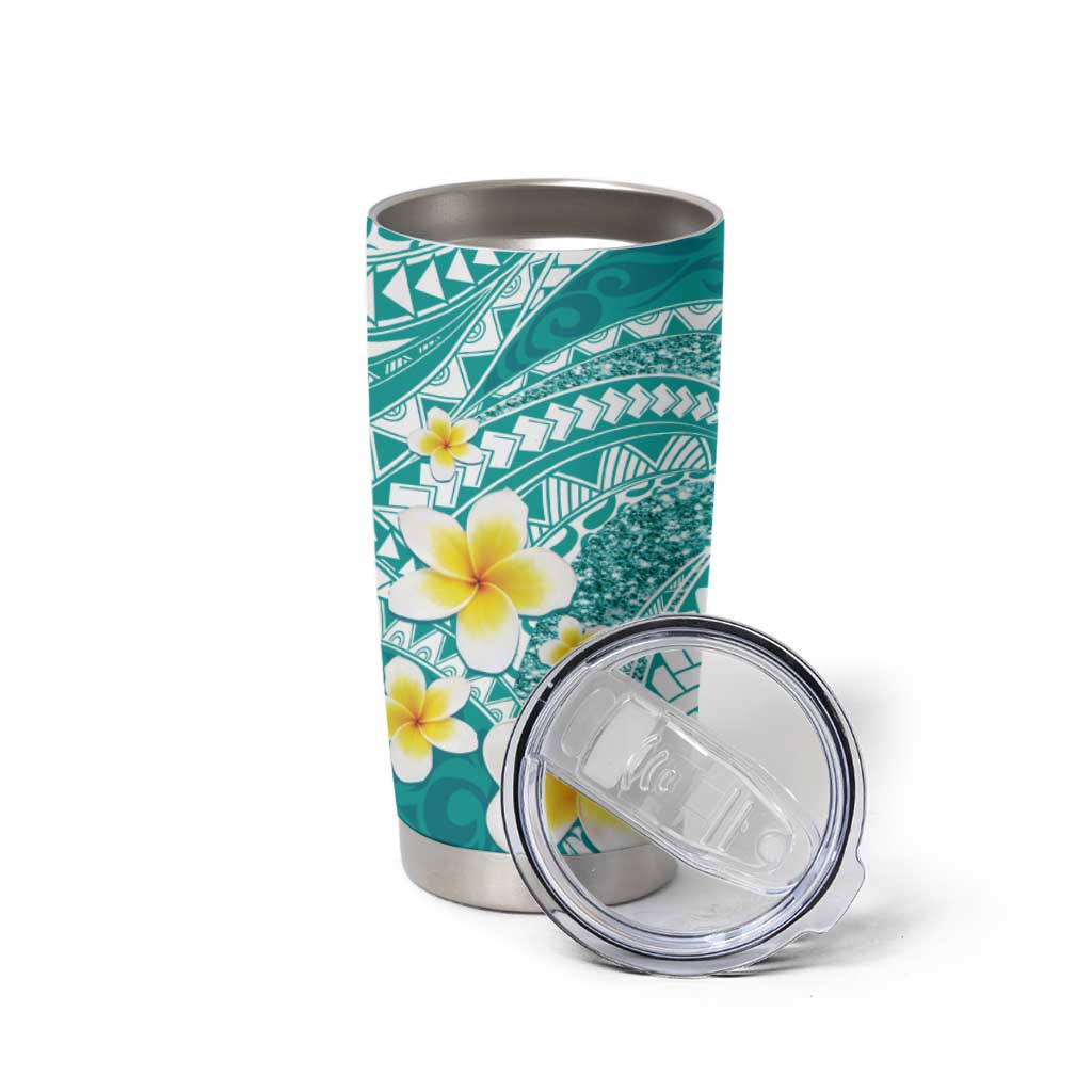 Plumeria Polynesian Teal Glitter Pattern Tumbler Cup