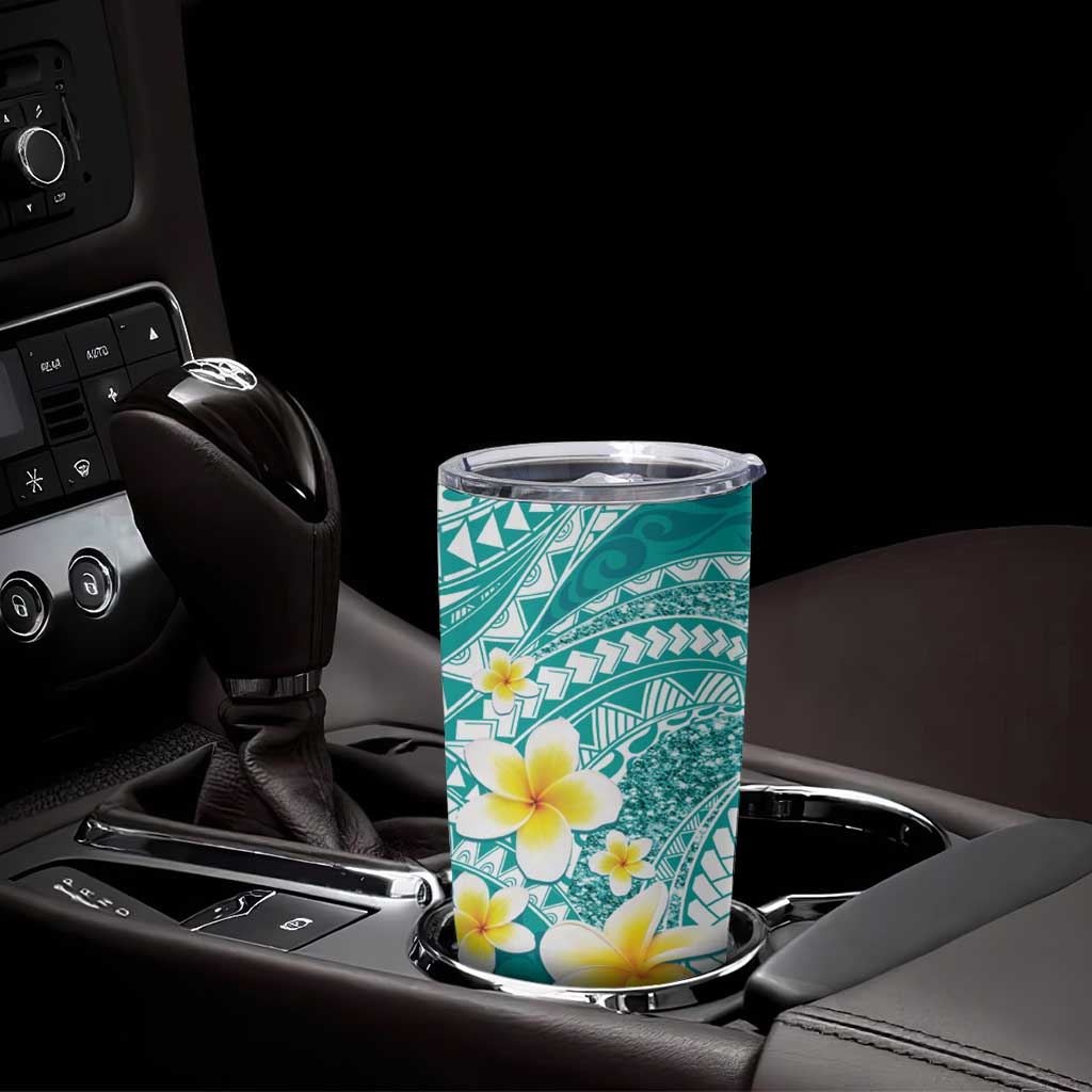 Plumeria Polynesian Teal Glitter Pattern Tumbler Cup