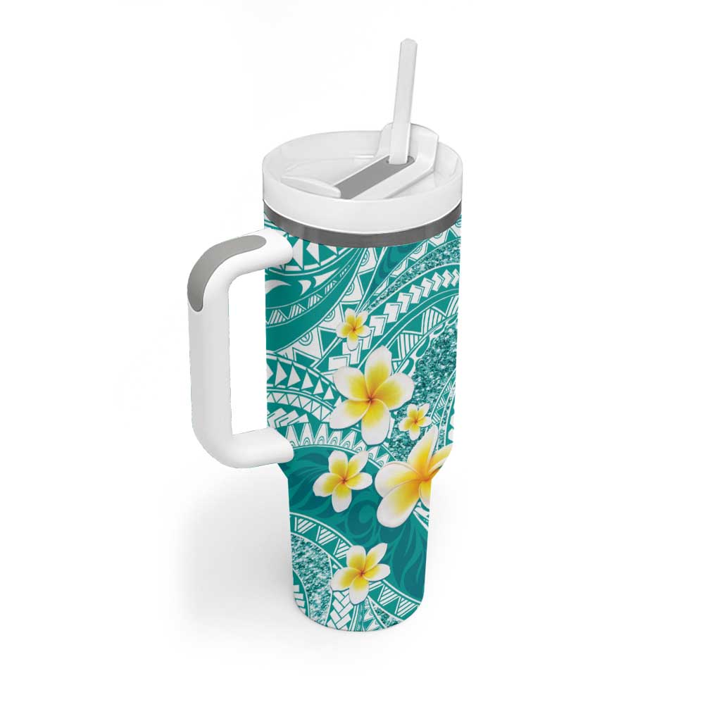 Plumeria Polynesian Teal Glitter Pattern Tumbler With Handle