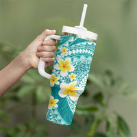 Plumeria Polynesian Teal Glitter Pattern Tumbler With Handle