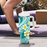 Plumeria Polynesian Teal Glitter Pattern Tumbler With Handle