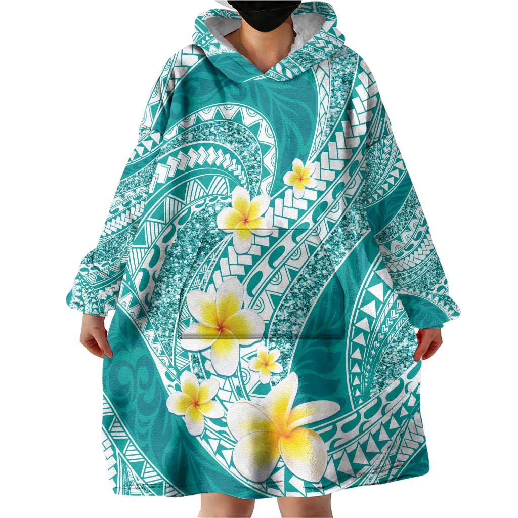 Plumeria Polynesian Teal Glitter Pattern Wearable Blanket Hoodie