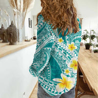 Plumeria Polynesian Teal Glitter Pattern Women Casual Shirt