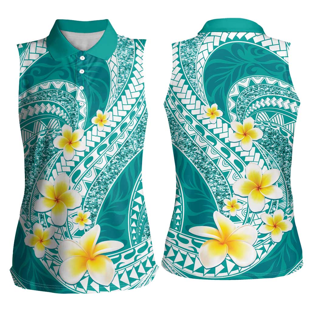 Plumeria Polynesian Teal Glitter Pattern Women Sleeveless Polo Shirt LT01 - Polynesian Pride