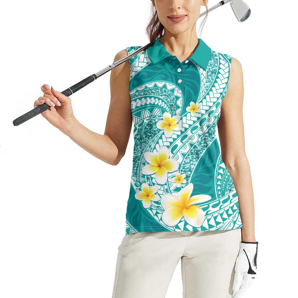 Plumeria Polynesian Teal Glitter Pattern Women Sleeveless Polo Shirt LT01 - Polynesian Pride