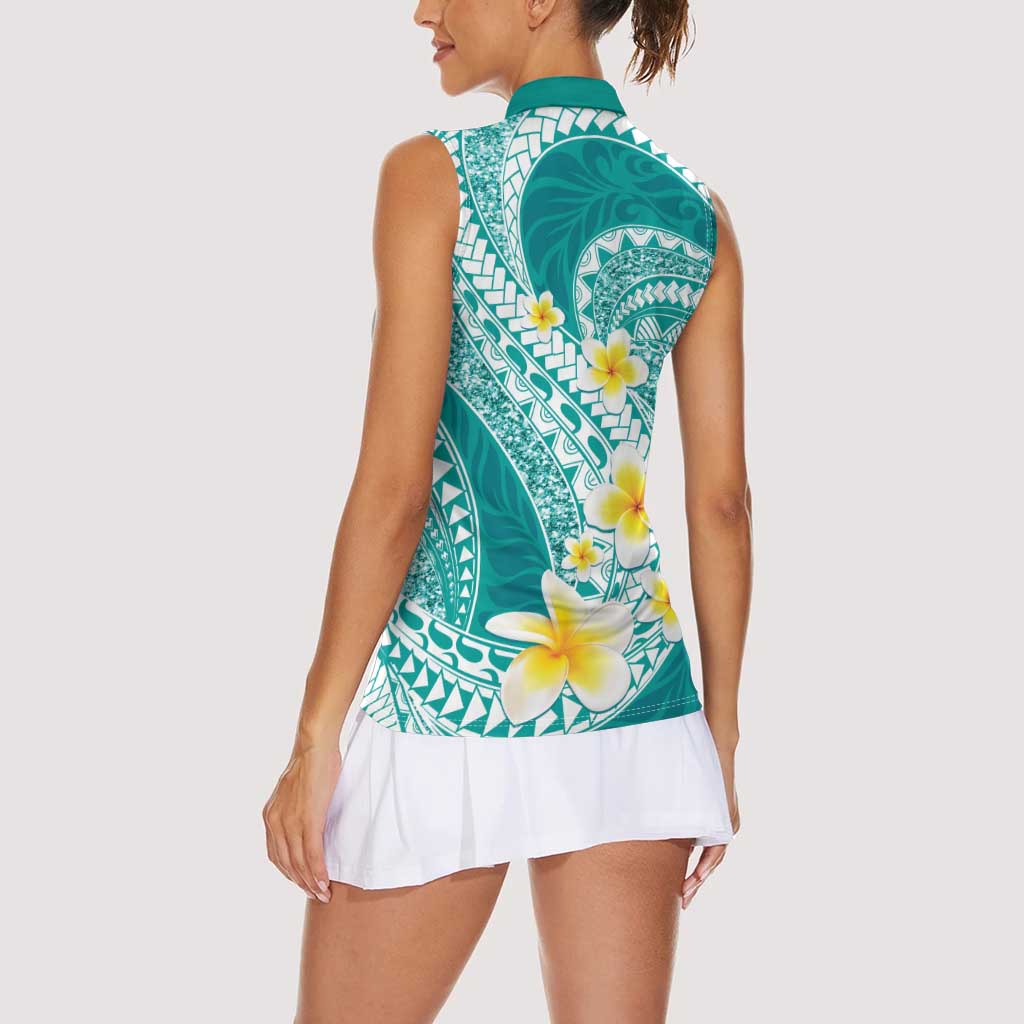 Plumeria Polynesian Teal Glitter Pattern Women Sleeveless Polo Shirt LT01 - Polynesian Pride